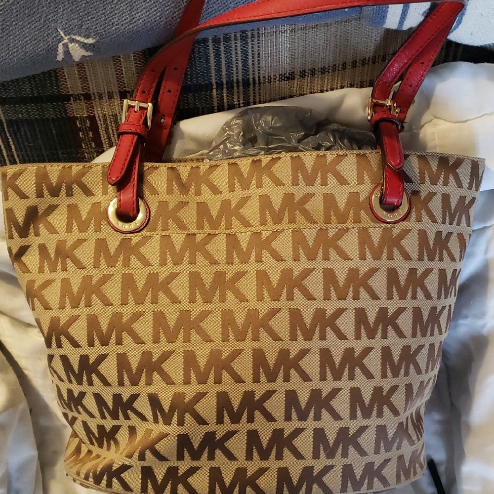 Michael Kors Tan and Red Logo Tote